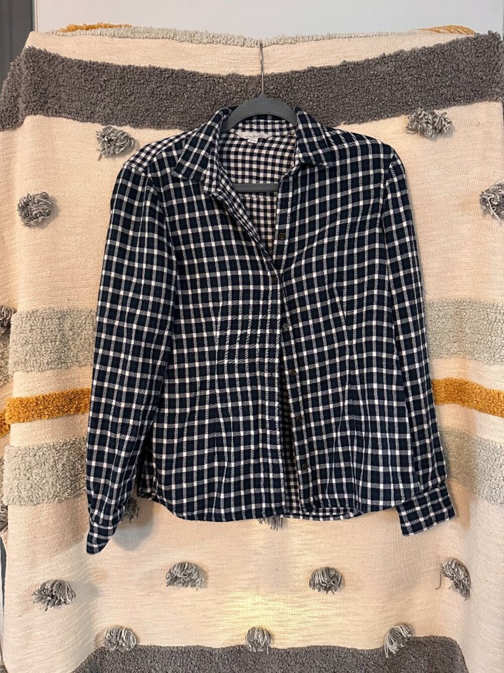 L.L. Bean Signature Navy White Gingham Flannel Button Down Shirt - 4